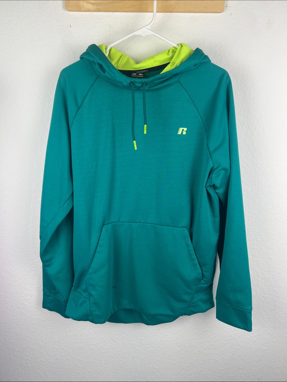 Russell Athletic teal hoodie with neon green lining women’s size medium